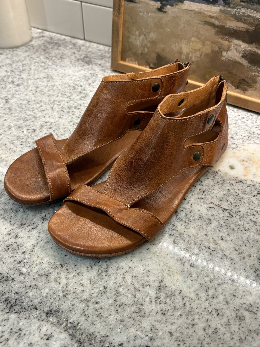 BED|STU Brown Leather Cutout Ankle Sandals